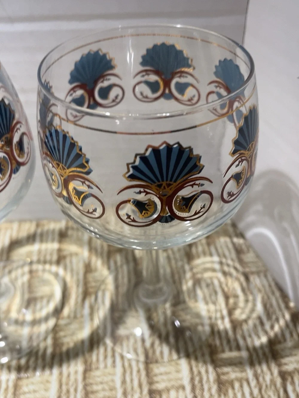 Vintage Georges Briard 22K Gold Blue Fan Wine Goblets Set of 4 MCM 6.5”